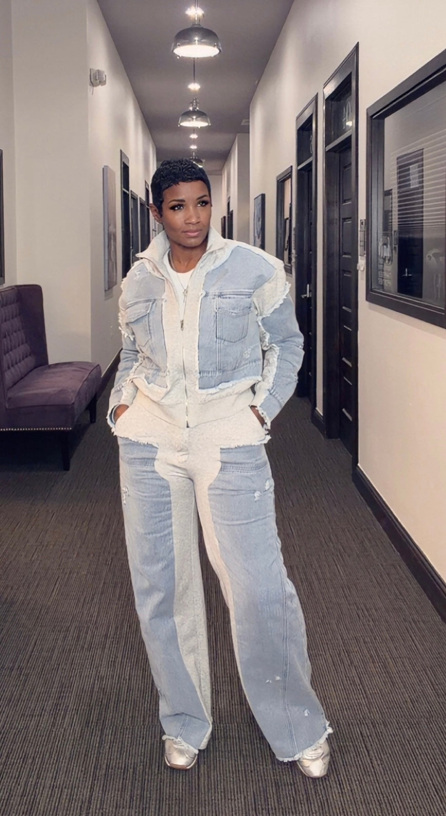 Gray Mixed With Denim Pants Set