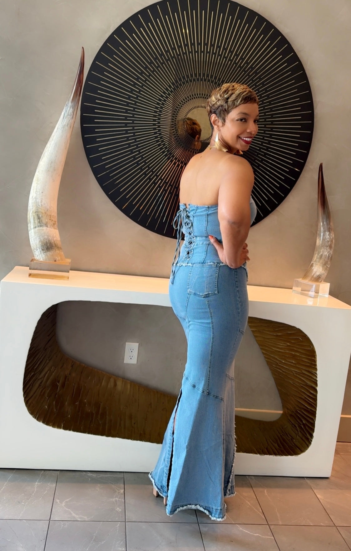 It Girl In Strapless Denim Maxi