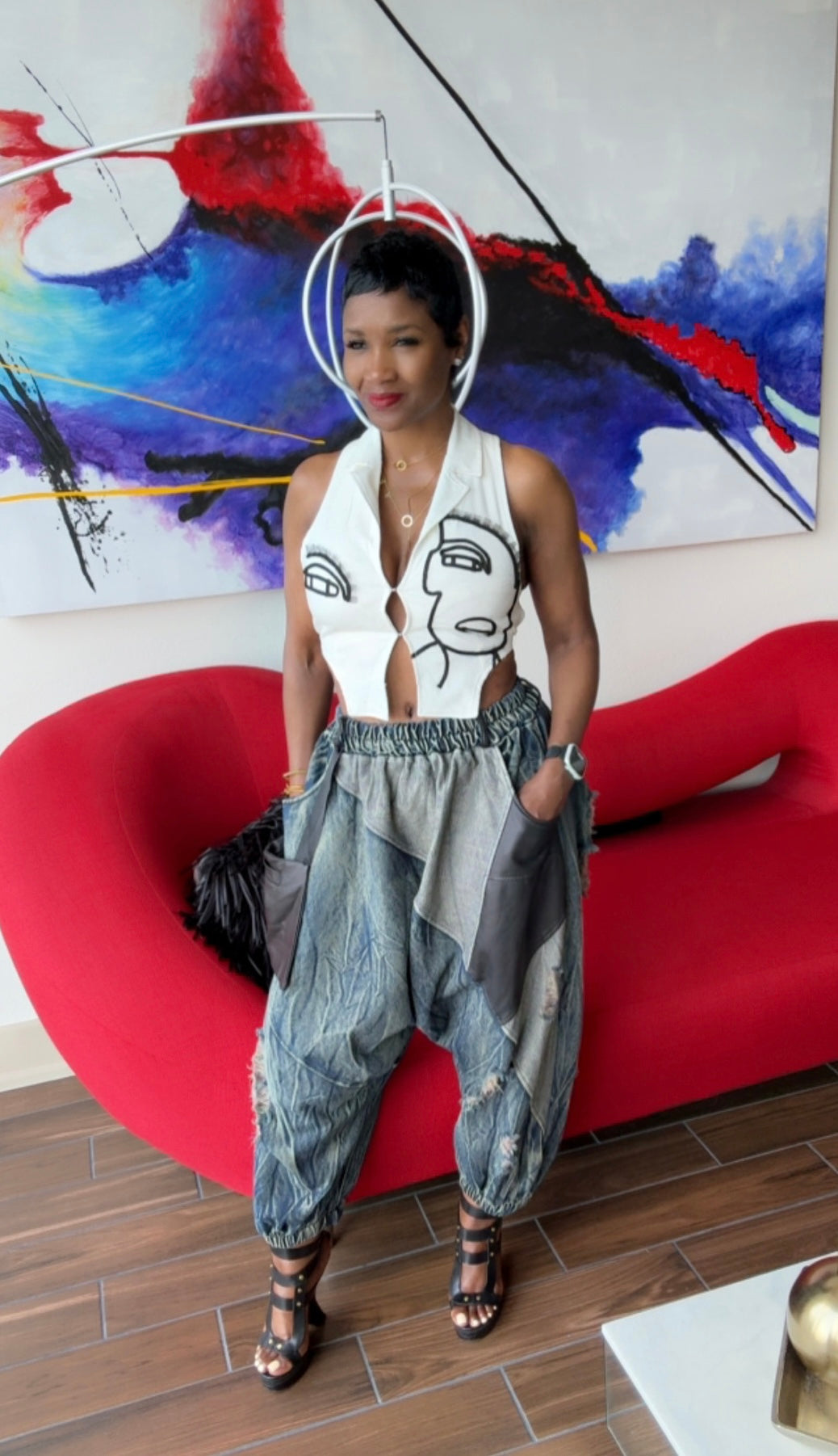 Distress Denim Patchwork Harem Pant