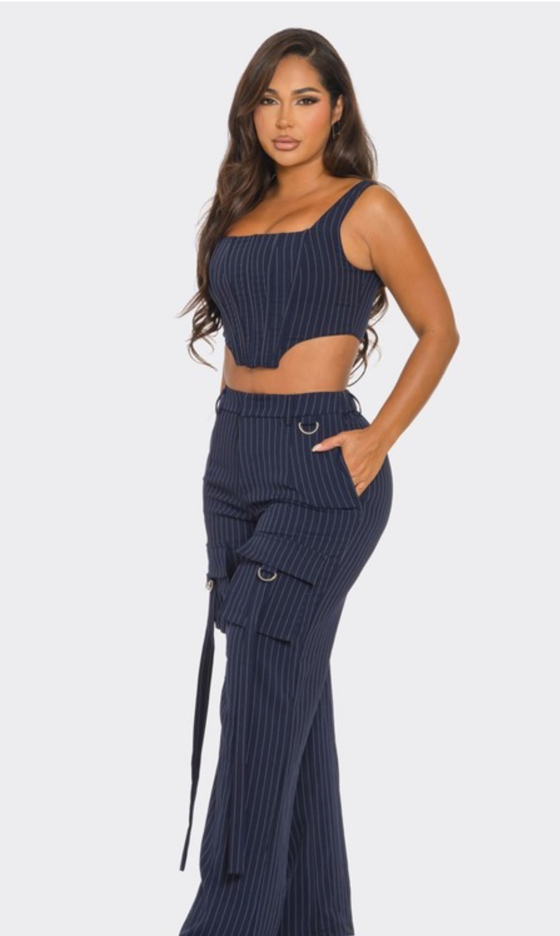 Navy Pinstripes Cargo Pants Set
