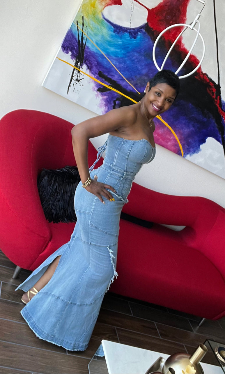 It Girl In Strapless Denim Maxi