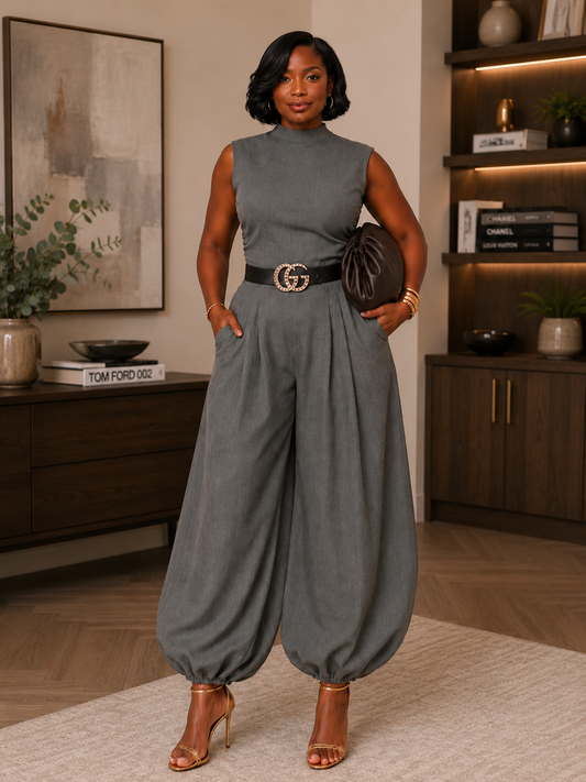 Grey Pinstripes Pants Set