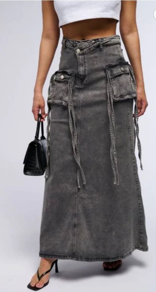 Grey Denim Cargo Skirt