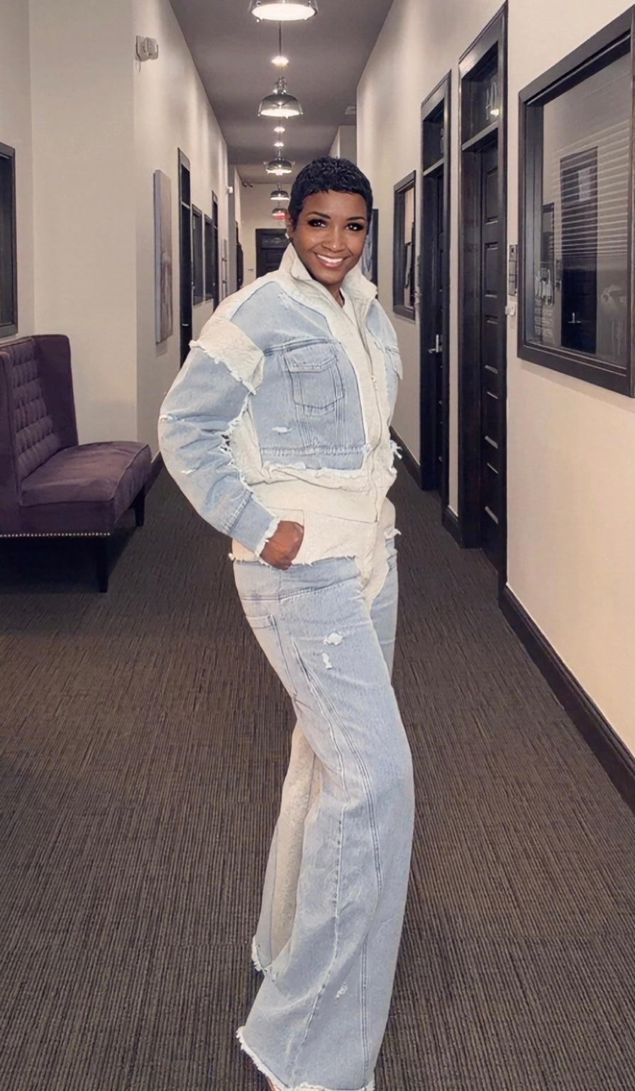 Gray Mixed With Denim Pants Set