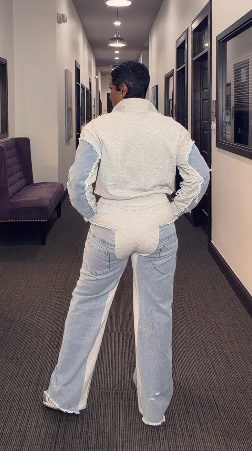 Gray Mixed With Denim Pants Set