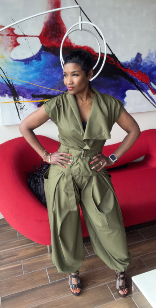 Safari Draped Olive Pants Set