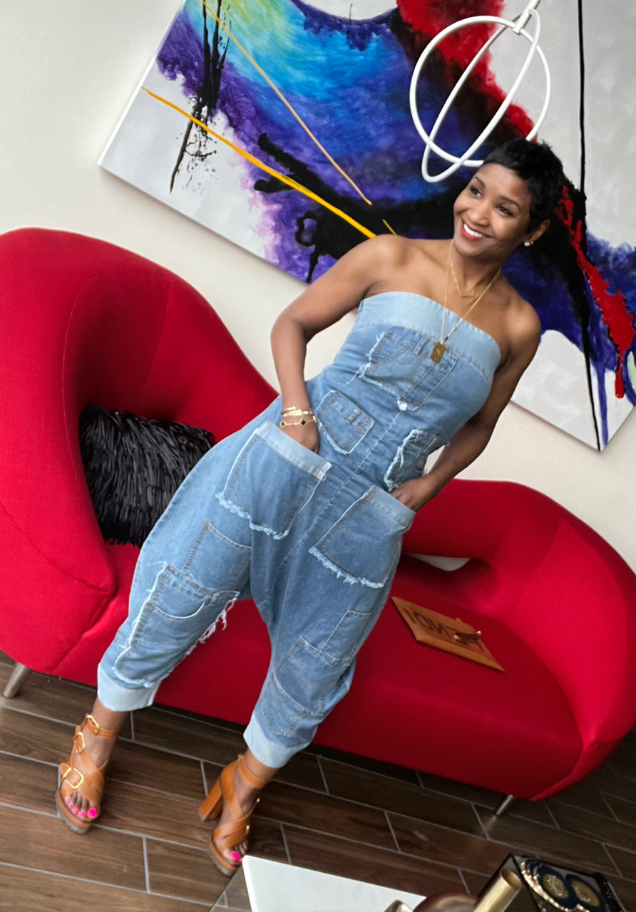 PLUS SIZE  Denim Patchwork Jumpsuit