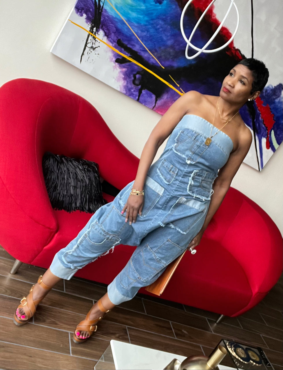 PLUS SIZE  Denim Patchwork Jumpsuit