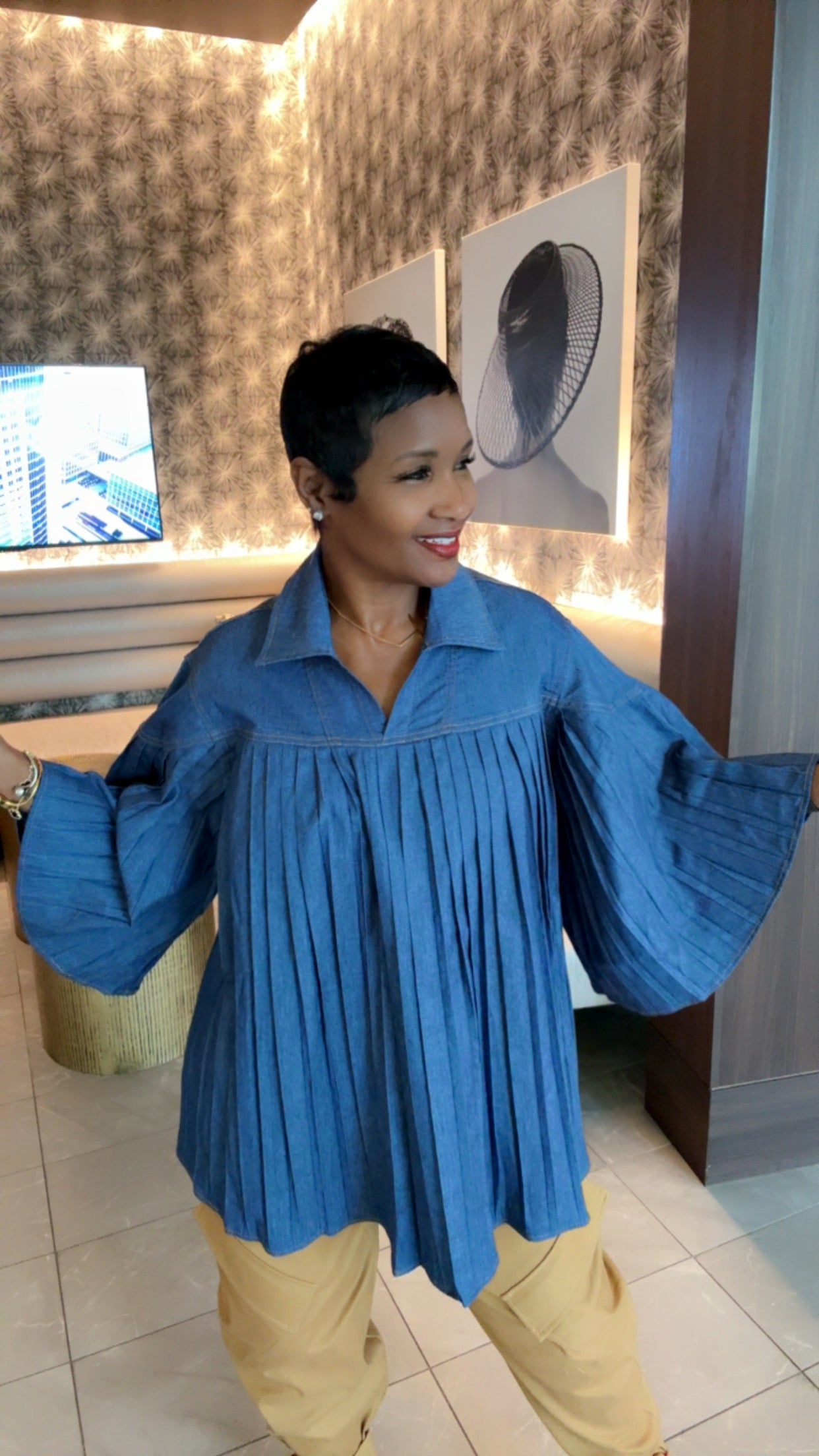 Pleaded Denim Swing Top