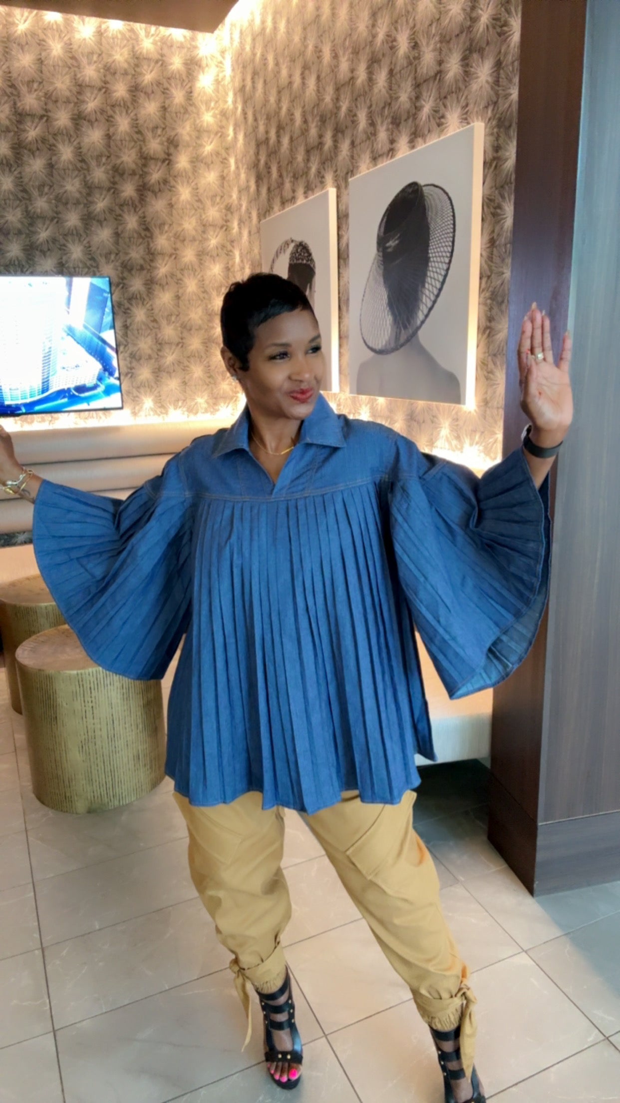 Pleaded Denim Swing Top