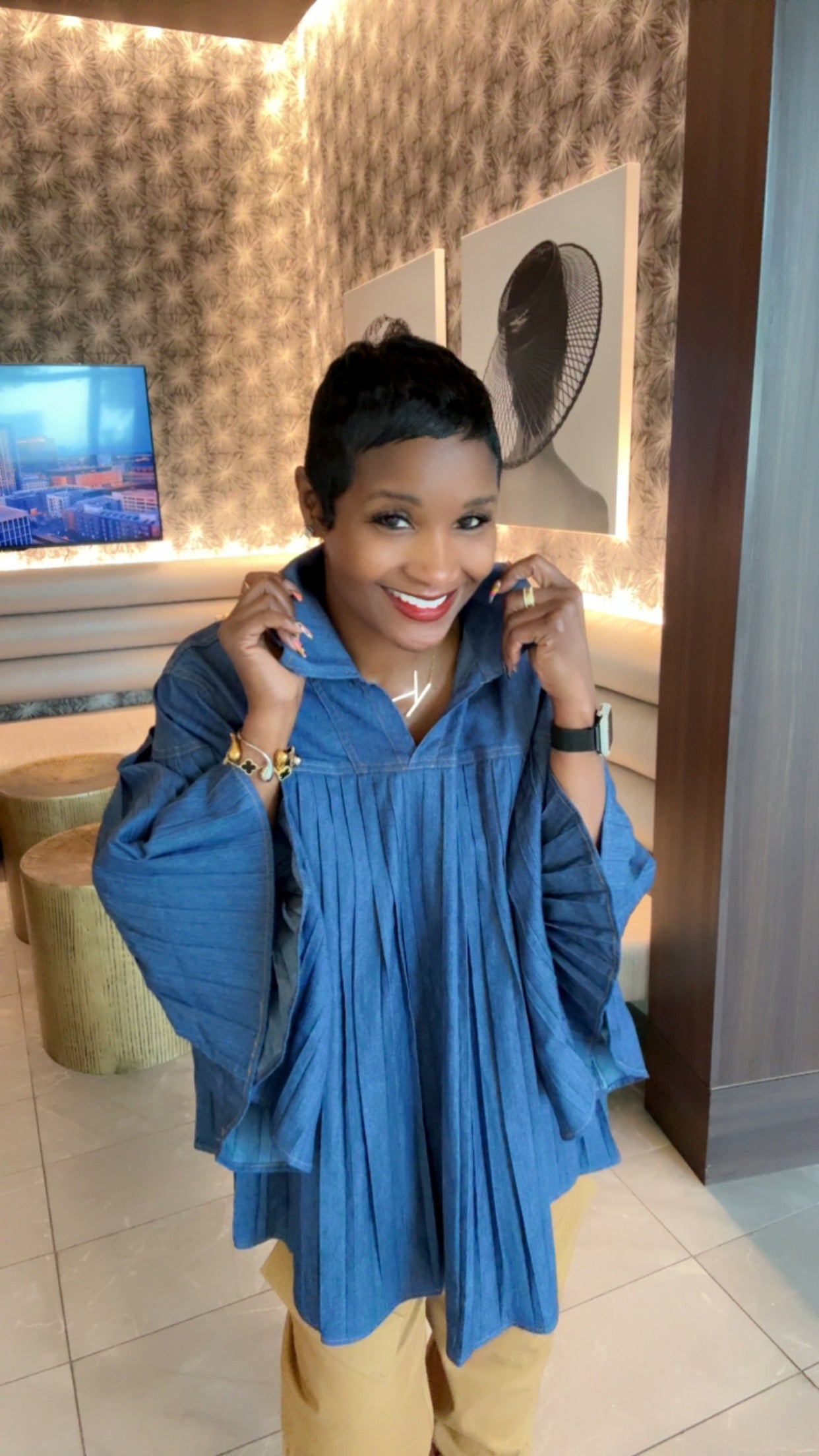 Pleaded Denim Swing Top