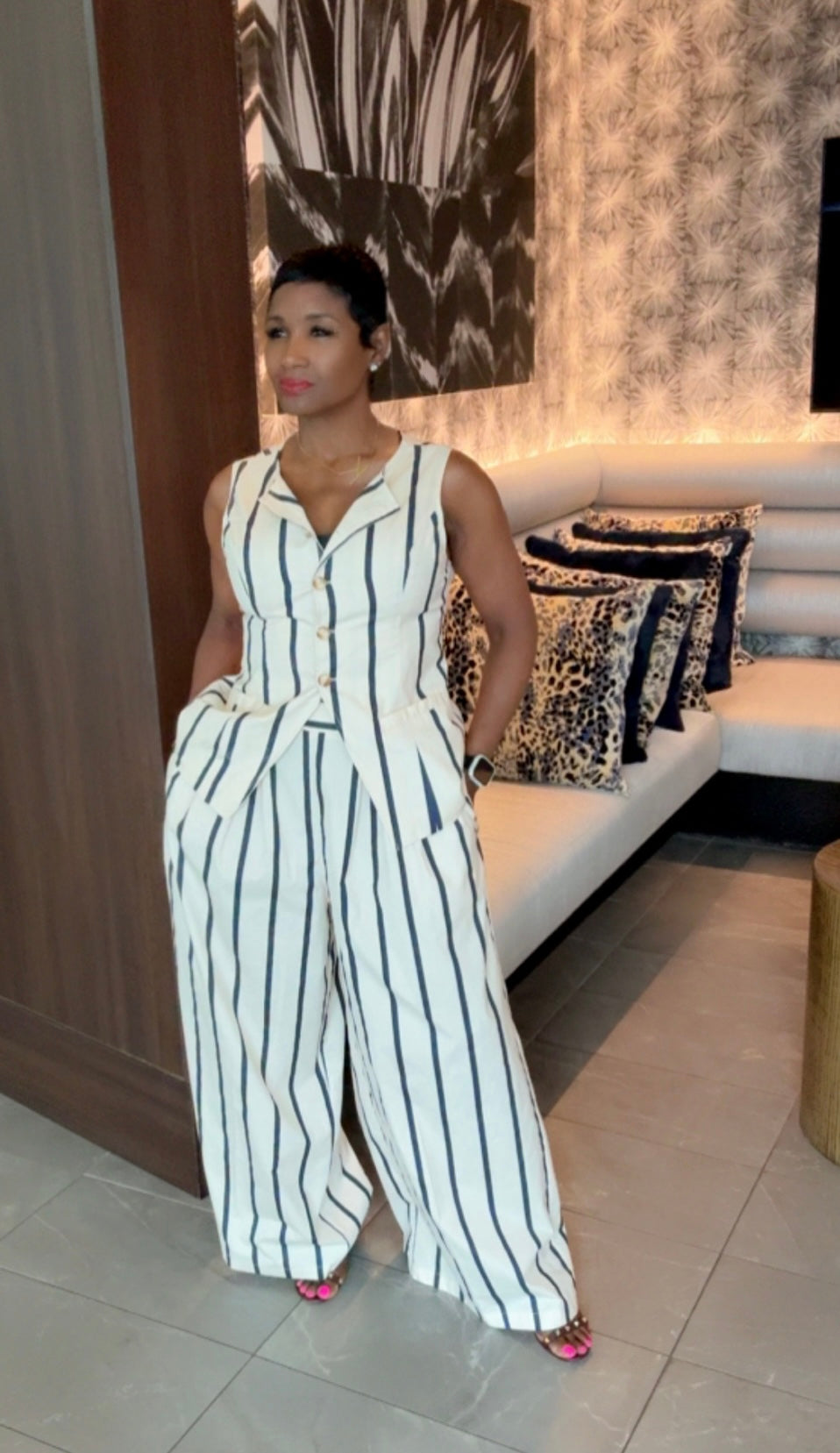Cream and Navy Stripe Set