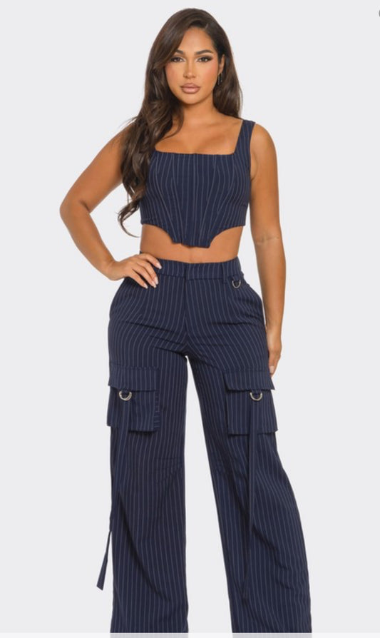 Navy Pinstripes Cargo Pants Set