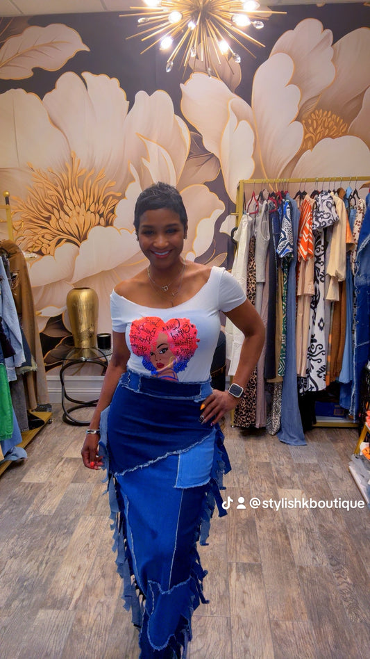 Denim Patchwork Long Skirt
